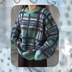 DAZY green & brown plaid knit pullover oversized sweater